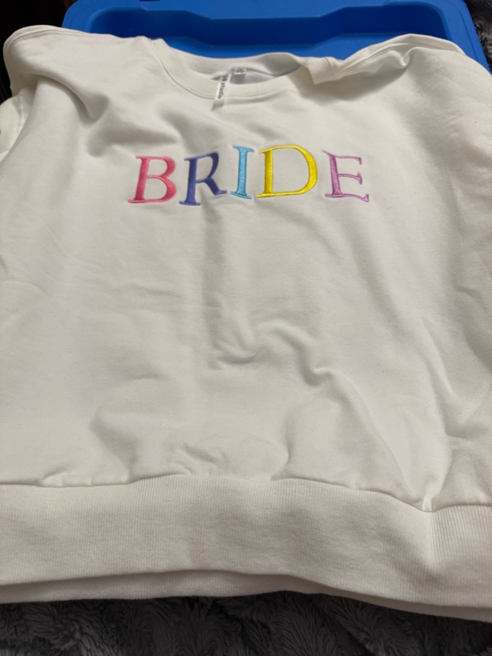 David’s Bridal White 'BRIDE' Embroidered Sweatshirt - Rainbow Letters